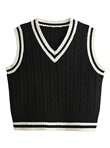 Hyipels Argyle Pullover Weste Frauen Y2K Plaid Gestrickte Streetwear Preppy Style V Ausschnitt Crop Strickwaren Tank Top für Mädchen, Kabel schwarz, Mittel von Hyipels