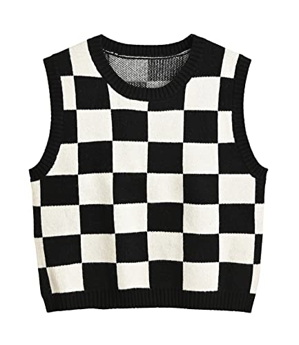 Hyipels Argyle Pullover Weste Frauen Y2K Plaid Gestrickte Streetwear Preppy Style V Ausschnitt Crop Strickwaren Tank Top für Mädchen, Kariert Schwarz+weiß, Mittel von Hyipels