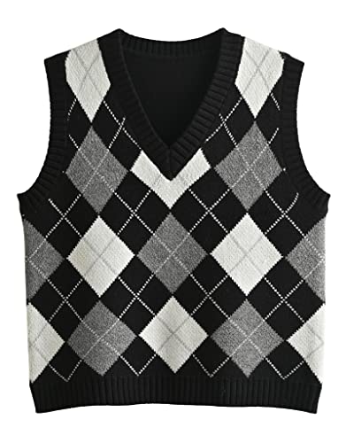 Hyipels Argyle-Pullover-Weste für Damen, Y2K, kariert, gestrickt, Streetwear, adretter Stil, V-Ausschnitt, bauchfreies Strick-Tanktop für Mädchen, Argyle Black, Mittel von Hyipels