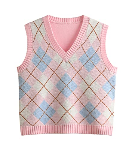 Hyipels Argyle-Pullover-Weste für Damen, Y2K, kariert, gestrickt, Streetwear, adretter Stil, V-Ausschnitt, bauchfreies Strick-Tanktop für Mädchen, Argyle Pastellrosa, Klein von Hyipels