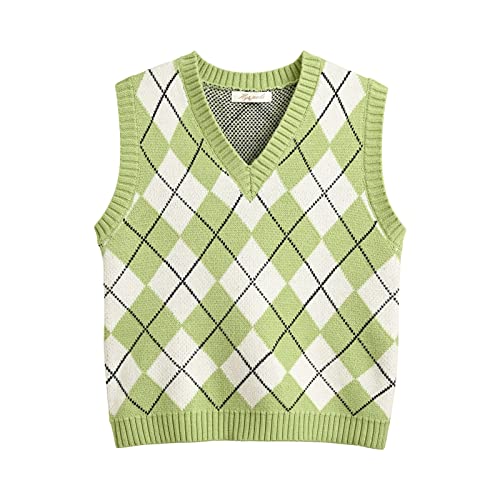 Hyipels Argyle-Pullover-Weste für Damen, Y2K, kariert, gestrickt, Streetwear, adretter Stil, V-Ausschnitt, bauchfreies Strick-Tanktop für Mädchen, Argyle2 Mintgrün, Klein von Hyipels