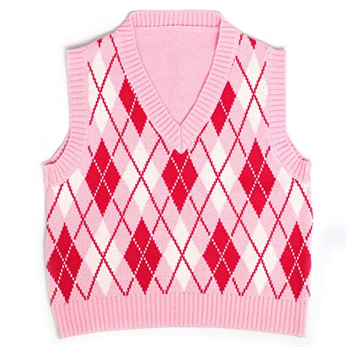 Hyipels Argyle-Pullover-Weste für Damen, Y2K, kariert, gestrickt, Streetwear, adretter Stil, V-Ausschnitt, bauchfreies Strick-Tanktop für Mädchen, Z Pink, Klein von Hyipels