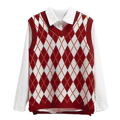 Hyipels Argyle-Pullover-Weste für Damen, y2k, kariert, gestrickt, Streetwear, adretter Stil, V-Ausschnitt, bauchfreie Strickwaren, Schul-Tanktop für Mädchen, Rot und Weiß, Mittel von Hyipels