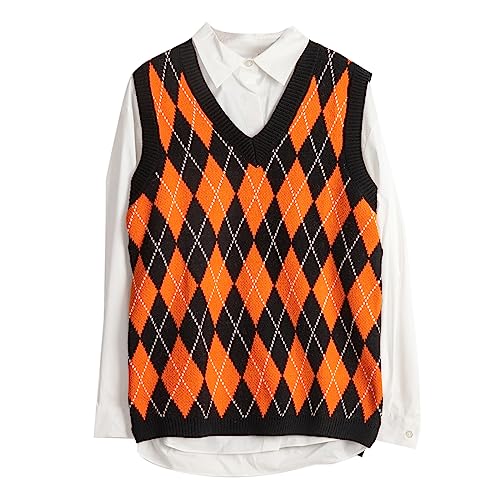 Hyipels Argyle-Pullover-Weste für Damen, y2k, kariert, gestrickt, Streetwear, adretter Stil, V-Ausschnitt, bauchfreie Strickwaren, Schul-Tanktop für Mädchen, Schwarz und Orange, X-Groß von Hyipels