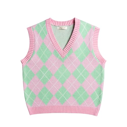 Hyipels Y2K Damen-Pullover, ärmelloses Muster, adretter Stil, gestrickt, bauchfreies Tanktop für Mädchen, Argyle2 Blassrosa + Grün, Mittel von Hyipels