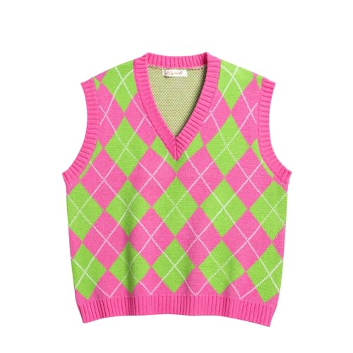 Hyipels Y2K Damen-Pullover, ärmelloses Muster, adretter Stil, gestrickt, bauchfreies Tanktop für Mädchen, Argyle2 Hot Pink + Grün, Mittel von Hyipels