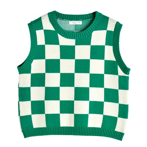 Hyipels Y2K Damen-Pullover, ärmelloses Muster, adretter Stil, gestrickt, bauchfreies Tanktop für Mädchen, Kariertes Grün + Weiß, X-Groß von Hyipels