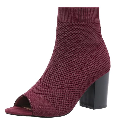 Hykytyhk Damen Knit Peep Toe Chunky Heel Stiefeletten Blockabsatz Sandalen, Rot/Ausflug, einfarbig (Getaway Solids), 42 EU von Hykytyhk
