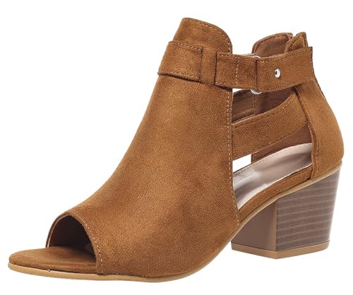 Hykytyhk Damen-Sandalen mit seitlichem Riemen, klobiger Absatz, Wildleder, Peep-Toe, Stiefeletten mit Reißverschluss hinten, Braun, 42 EU Hykytyhk Damen-Sandalen mit seitlichem Riemen, klobiger Absatz, Wildleder, Peep-Toe, Stiefeletten mit Reißverschluss hinten, Braun, 42 EU von Hykytyhk