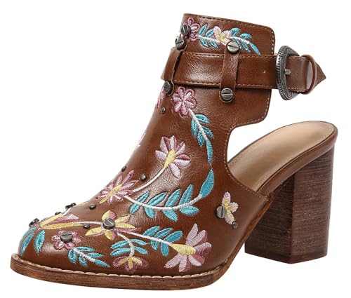 Hykytyhk Damen Stiefeletten mit Blumenstickerei, Blockabsatz, Sandalen, Braun, 36 EU Hykytyhk Damen Stiefeletten mit Blumenstickerei, Blockabsatz, Sandalen, Braun, 36 EU von Hykytyhk