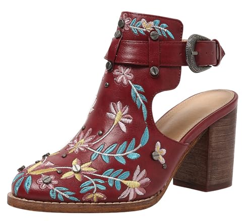 Hykytyhk Damen Stiefeletten mit Blumenstickerei, Blockabsatz, Sandalen, Rot/Ausflug, einfarbig (Getaway Solids), 39.5 EU von Hykytyhk