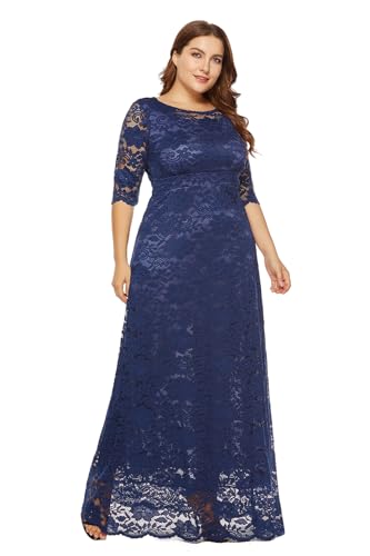 Hykytyhk Damen Übergröße Spitze Partykleid Cocktail Maxikleid Hochzeit Party Gäste Kleider mit Taschen, Marineblau, 6XL Große Größen von Hykytyhk