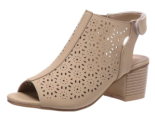 Hykytyhk Peep-Toe-Stiefeletten für Damen, Knöchelriemen, klobiger Block, niedriger Absatz, Beige, 38.5 EU Hykytyhk Peep-Toe-Stiefeletten für Damen, Knöchelriemen, klobiger Block, niedriger Absatz, Beige, 38.5 EU von Hykytyhk