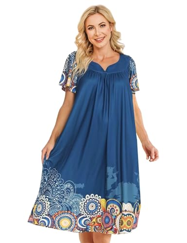 Hauskleider für Frauen Walzer Länge Muumuu mit Taschen Staubwedel Hausmantel Kurzarm Terrassenkleid S-XXXL, Mandola, XX-Large von Hymuses