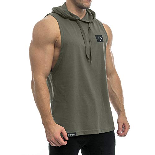 Hyperfusion Fitness Tank Top mit Kapuze Cut Off Tank Herren Gym (M, Olive) von Hyperfusion