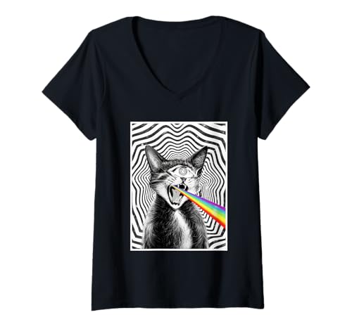 Damen Trippy Cat Spiral Hypnotic Rainbow Vortex Retro Schwarz Weiß T-Shirt mit V-Ausschnitt Damen Trippy Cat Spiral Hypnotic Rainbow Vortex Retro Schwarz Weiß T-Shirt mit V-Ausschnitt von HypnoKitt