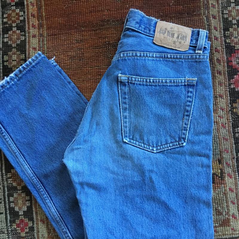 31 90Er Jahre Knopf Fliegen Mitte Anstieg Jeans 30 Kurze Knöchel 28 29 4 5 6 1990Er Baumwolle Nicht Stretch Denim Medium Blau Gedroschen Beunruhigt von HypnoticaVintage