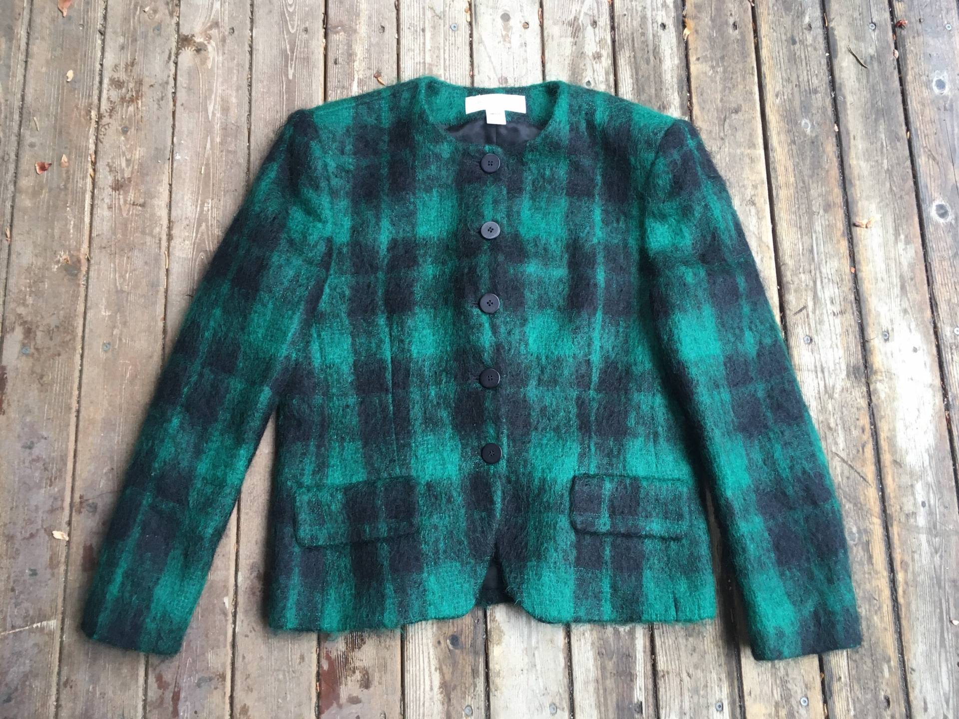 Sale Emerald Grüne Mohair Karo Jacke Karierte Wolle Blazer Oversized Boxy Boucle Strickjacke S M Klein Mittel Luxus Designer Usa Vtg Xs von HypnoticaVintage