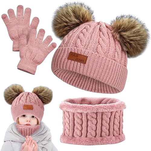 Hyran Kinder-Set Mit Mütze, Baby Mütze Schal Set, Kinder Wintermütze, Winter 3Pc Set Schal Handschuhe Mütze Set, Bonnet Enfant Hiver avec Pompon, Weiche Pom-Pom Mütze von Hyran