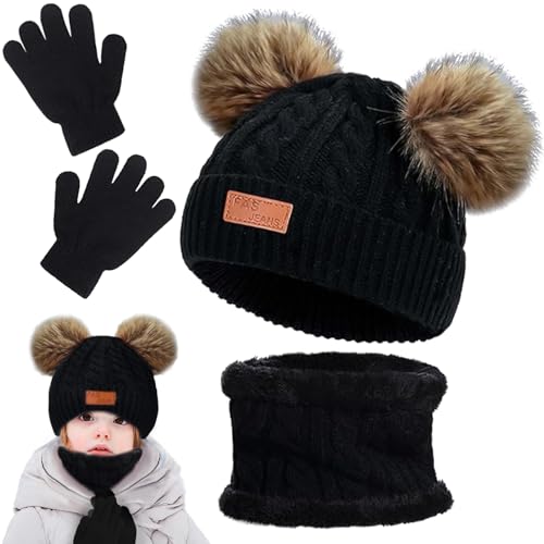 Hyran Kinder-Set Mit Mütze, Baby Mütze Schal Set, Kinder Wintermütze, Winter 3Pc Set Schal Handschuhe Mütze Set, Bonnet Enfant Hiver avec Pompon, Weiche Pom-Pom Mütze von Hyran