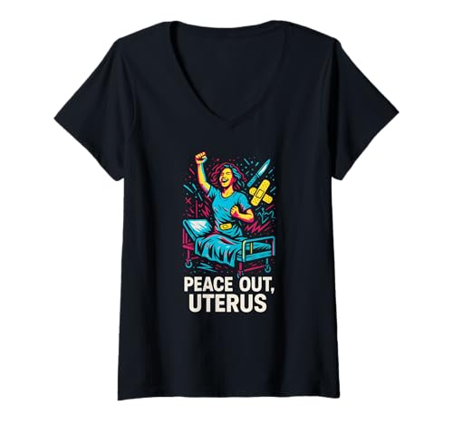 Damen Hysterektomie Peace Out Uterus Fun Womens Get Well T-Shirt mit V-Ausschnitt von Hysterectomy Surgery Patient Get Well Recover Wear