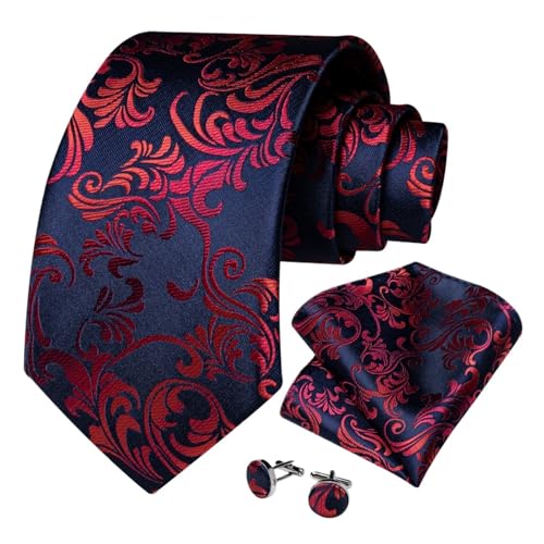 Hyuwdai 1 Stück Herren Blumenmuster rot 8 cm Krawatten Taschentuch Manschettenknöpfe Metallring Brosche Pin 5 Stück Set Hochzeit Party Anzüge Zubehör Geschenk for Ehemann(JZ03-7135-XH013) von Hyuwdai
