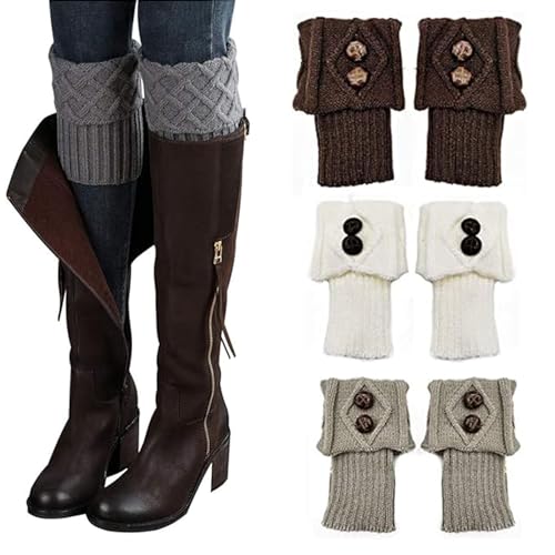 Hyxodjy 3 Paar Stulpen Damen Gestrickte Beinwärmer, Stricken Häkelarbeit Kurze Leg Warmers Mädchen Stiefel Boot Abdeckung kurze Knöchelwärmer für Winterwärmer - Weiß, Kaffee, Grau von Hyxodjy