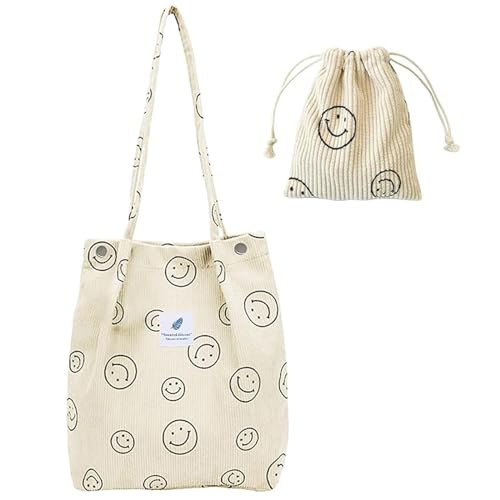 Hyxodjy Smiley Tote Bag,2 Stück Umhängetasche Damen und Cord Tasche mit Taschenfach Groß Umhängetasche Damen Canvas Shopper Stoff Handtasche für Alltag, Büro, Schule Reise und Einkaufen von Hyxodjy