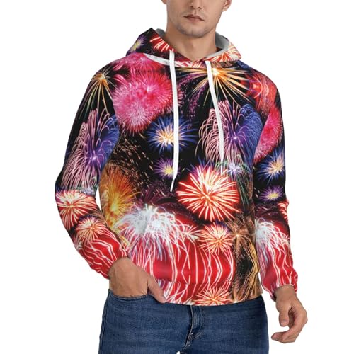 Hzhuaoeg Herrenkapuzenpullover mit schönem Feuerwerks-Aufdruck, lässiger Kapuzenpullover mit Tasche, Herbst und Winter, Schwarz , XXL von Hzhuaoeg