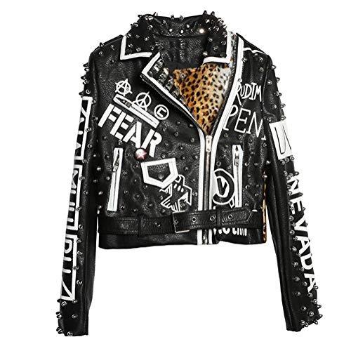 Hzikk Frauen Lederjacke Nieten Leopard-Druck-Kurz Motorrad Punk Rock Jacken,Schwarz,S von Hzikk