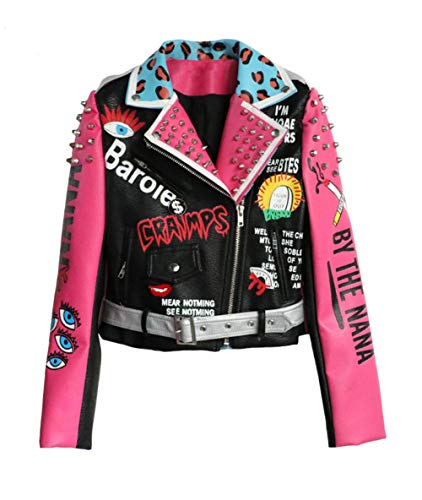 Hzikk Frauen Lederjacke Straße Nieten Leopard Letters Graffiti Bunte Augen Print,Multi,L von Hzikk