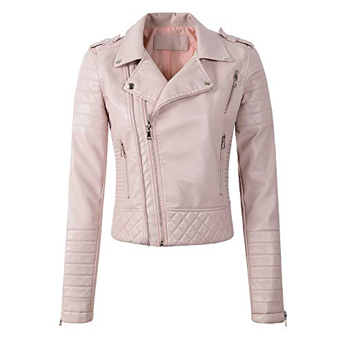 Hzikk Frauen Weichen Kunstleder Jacken Lady Motorcyle Zippers Biker Mäntel Oberbekleidung,Rosa,XL von Hzikk