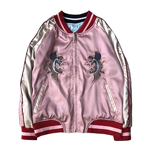 Hzikk Tiger Stickerei-Baseball-Jacken Damen-Weinlese-Satin Double-Sided Bomberjacke,Rosa,XL von Hzikk