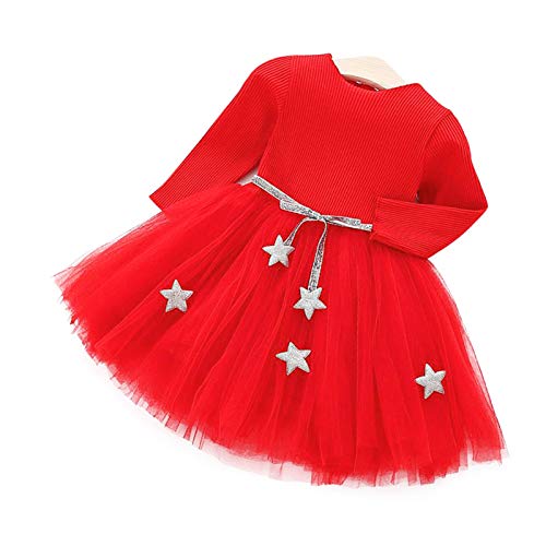 Baby Langarm Strick Tutu Kleid Infant Princess Tüll Kleid mit Sternbund Rock aus Baumwollmischung für Kinder(90 rot) von Hztyyier