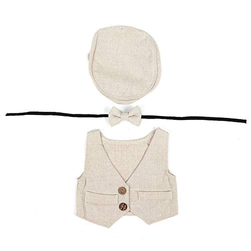 Neugeborenes Baby Fotografie Requisiten Gentleman Hut Bowtie gestrickte Fotografie Kostüm Kleidung flache Kappe, 0-1 Monate Baby(Beige) von Hztyyier