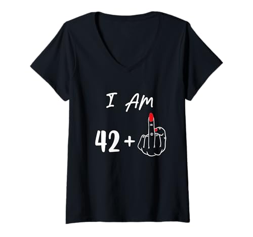 Damen I Am 42 Plus 1 Mittelfinger für einen 43. Geburtstag T-Shirt mit V-Ausschnitt von I Am 42 Plus 1 Middle Finger For A 43rd Birthday