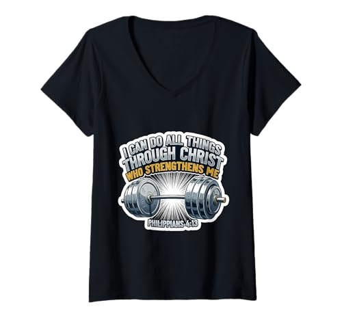 Damen I Can Do All Things Weightlifter Christian Gym Bibelvers T-Shirt mit V-Ausschnitt von I Can Do All Things Christian Gym Products