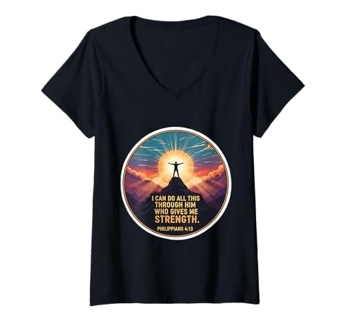 Damen I Can Do All This Through Him Who Gives Me Strength Vers T-Shirt mit V-Ausschnitt von I Can Do All This Through Him Verse Products