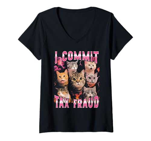 Damen Ich begehe Steuerbetrug Lustige Bootleg-Katze T-Shirt mit V-Ausschnitt von I Commit Tax Fraud Funny Bootleg Cat