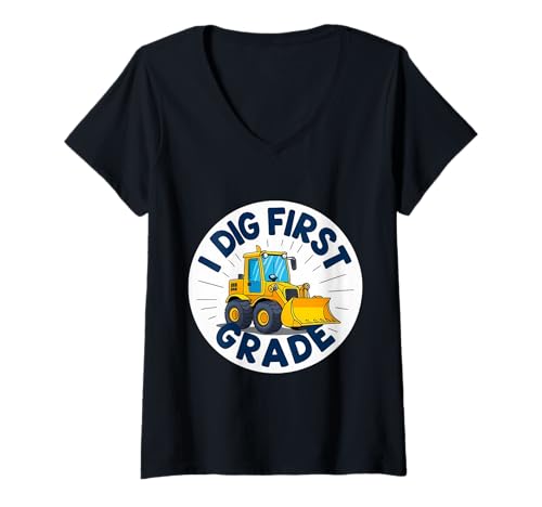 Damen I Dig First Grade Buldozer Crawler Crawler Back to School Boys T-Shirt mit V-Ausschnitt von I Dig First Grade Buldozer Dozer Crawler Products