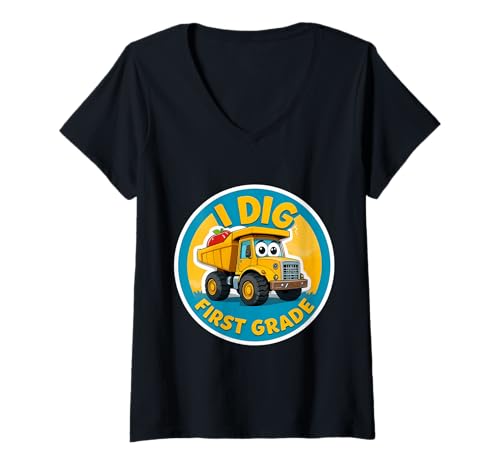 Damen I Dig First Grade Muldenkipper Back to School Trucker Jungen T-Shirt mit V-Ausschnitt Damen I Dig First Grade Muldenkipper Back to School Trucker Jungen T-Shirt mit V-Ausschnitt von I Dig First Grade Truck Products