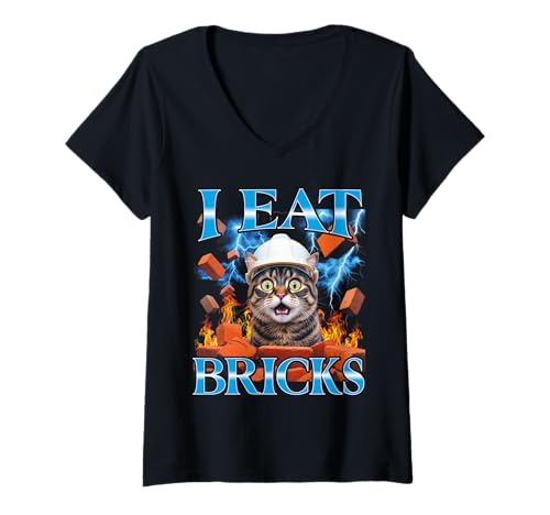Damen Ich Esse Bricks Lustiges Bootleg Gen Z Meme Cat Lustig T-Shirt mit V-Ausschnitt Damen Ich Esse Bricks Lustiges Bootleg Gen Z Meme Cat Lustig T-Shirt mit V-Ausschnitt von I Eat Bricks Funny Bootleg Gen Z Meme Cat Funny