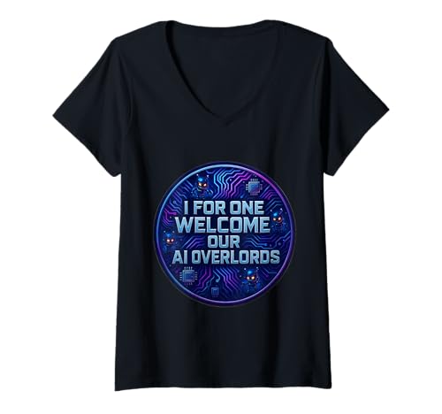 Damen Ich für Meinen Teil begrüße unsere KI-Overlords Lustiger sarkastischer böser Witz T-Shirt mit V-Ausschnitt Damen Ich für Meinen Teil begrüße unsere KI-Overlords Lustiger sarkastischer böser Witz T-Shirt mit V-Ausschnitt von I For One Welcome Our AI Overlords Funny Products