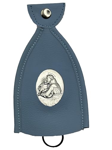 I G J ORIGINAL-SCHLÜSSELANHÄNGER MIT MEDAILLE DES HEILIGEN ANTONIUS VON PADUA – TASCHENSPARER AUS ÖKO-LEDER – HANDWERKLICHE HERSTELLUNG – 100% HANDGEFERTIGT IN ITALIEN (Himmelblau) von I G J