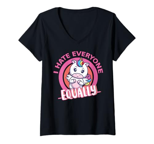 Damen Ich Hasse alle gleich Leute saugen asoziales Einhorn Lustig T-Shirt mit V-Ausschnitt von I Hate Everyone Equally People Suck Unicorn Humor
