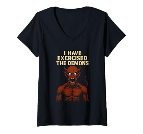 Damen I Have Exercised The Demons Lustiges Wortspiel - I Exorcized Demons T-Shirt mit V-Ausschnitt Damen I Have Exercised The Demons Lustiges Wortspiel - I Exorcized Demons T-Shirt mit V-Ausschnitt von I Have Exercised The Demons Funny Gym Workout Pun