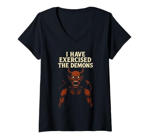 Damen I Have Exercised The Demons Lustiges Wortspiel - I Exorcized Demons T-Shirt mit V-Ausschnitt Damen I Have Exercised The Demons Lustiges Wortspiel - I Exorcized Demons T-Shirt mit V-Ausschnitt von I Have Exercised The Demons Funny Gym Workout Pun