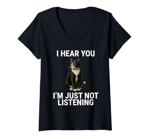 Damen I Hear You I'm Just Not Listening Tuxedo Cat Funny T-Shirt mit V-Ausschnitt Damen I Hear You I'm Just Not Listening Tuxedo Cat Funny T-Shirt mit V-Ausschnitt von I Hear You I'm Just Not Listening Funny Cat Lover