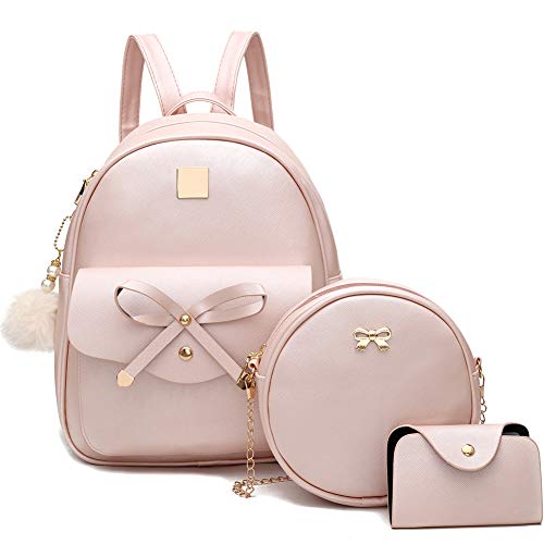 I IHAYNER Mädchen Bowknot 3 Stück Fahsion Leder Rucksack Rucksack Geldbörse für Frauen Rucksack für Damen Umhängetasche, Pink, Medium, Frauen Packpack-Sets, Mini Rucksack für Frauen von I IHAYNER