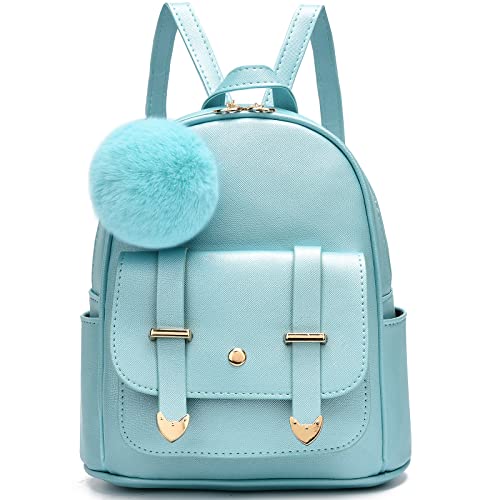 I IHAYNER Modischer Rucksack für Mädchen, Mini-Rucksack, Geldbörse für Damen, Teenager, Mädchen, Geldbörse, PU-Leder, Pompon-Rucksack, Schultertasche, Perlblau (Pearl Blue) von I IHAYNER